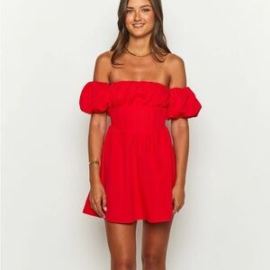 NWT. Never worn. Beginning Boutique Off The Shoulder Red Mini Dress.